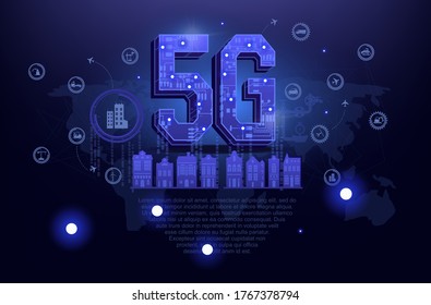 Tecnología 5G. Letras 3D con tarjeta de circuito electrónico. 5G red de sistemas inalámbricos. Antecedentes tecnológicos de la nueva tecnología electrónica. Interfaz de usuario 5G GUI, UI, UX en estilo HUD. Illus 3D