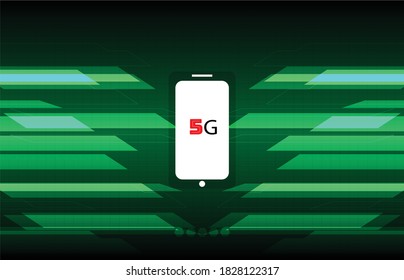 5G technology abstract background. 5G mobile phone Vector with green background. Around the world, 5g technology is being used in major cities.