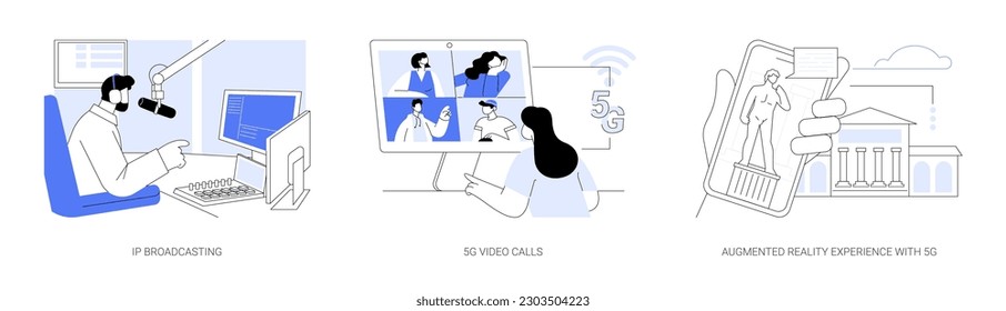 Conjunto de ilustraciones vectoriales de concepto abstracto de tecnología 5G. Transmisión IP, videollamadas, transferencia rápida de datos en tiempo real, experiencia de realidad aumentada, alta resolución en metáfora abstracta vr.