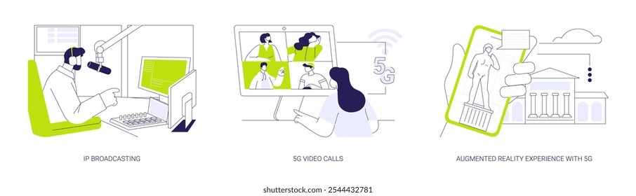 Conjunto de ilustração vetorial de conceito abstrato de tecnologia 5G. Difusão de IP, chamada de videoconferência, transferência rápida de dados em tempo real, experiência de realidade aumentada, alta resolução em metáfora vr abstrata.