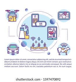 5G technology application concept icon with text. Smart city. Autonomus driving. Industrial IoT. Article page vector template. Brochure, magazine, booklet design element with linear illustrations