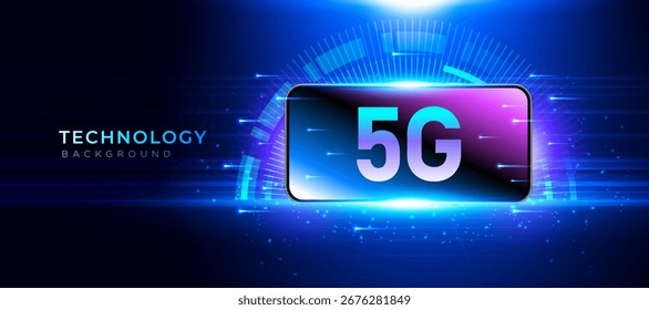 5G technology background with blue futuristic light and digital speed design. Modern wireless network, innovation communication, and high speed internet concept. Vector banner, cover