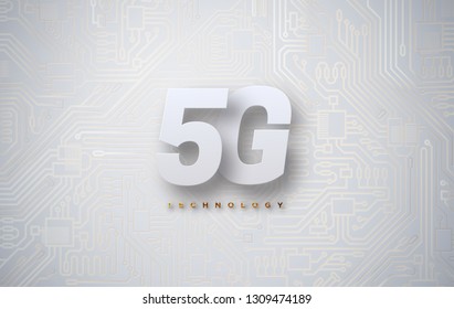 5G technology background with circuit board texture. Vector illustration. New generation of wireless high speed internet connection. Mobile network standart. Telecommunication concept
