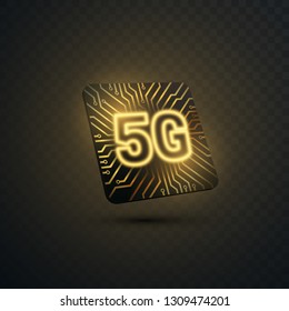 5G technology background with circuit board texture. Vector illustration. New generation of wireless high speed internet connection. Mobile network standart. Telecommunication concept. Electronic chip