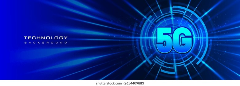 5G-Technologie-Hintergrund mit leuchtenden blauen radialen Linien, digitalen Kreiselementen und futuristischen Lichteffekten. Perfekt für Kommunikation, Innovation und technische Konzepte.