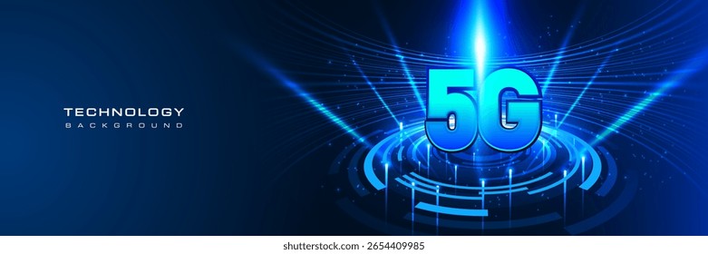 Fundo da tecnologia 5G com ondas de luz azul brilhantes, elementos digitais circulares e raios futuristas. Perfeito para conceitos de rede, velocidade e inovação. banner vetorial