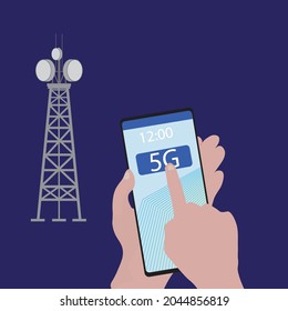 5G technology background having mobile tower and person using phone