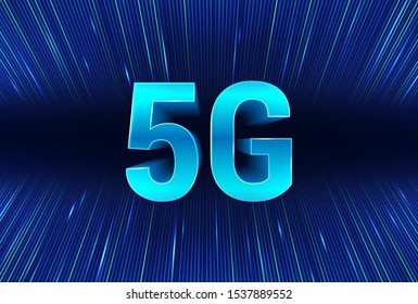 Banner de tecnología 5G con letras 3D grandes Internet 5G y flujos de datos en segundo plano. Datos digitales como líneas. Internet de alta velocidad global a través del concepto de red inalámbrica. Ilustración del vector