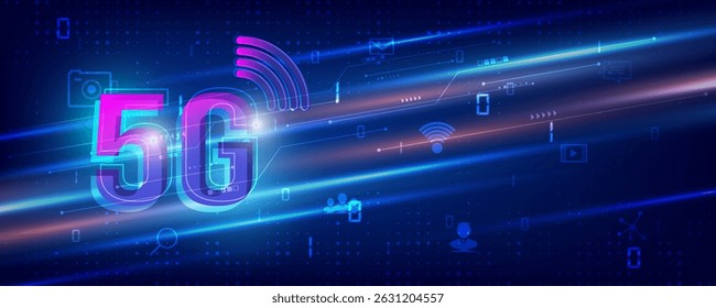 5G technology banner. digital data transfer and waves on blue background, speed in global network connection, internet communication tech concept. cyberspace, online connection, information exchange.