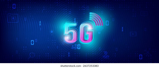 5G technology banner. digital data transfer and waves on blue background, speed in global network connection, internet communication tech concept. cyberspace, online connection, information exchange.