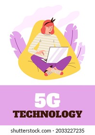 5G technology banner or poster design with character of woman using laptop for wireless network, flat cartoon vector illustration. 5G internet technology.