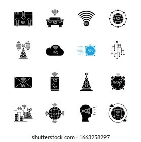 5G technology black glyph icons set on white space. Mobile cellular network. Fast Internet connection. Messaging, data exchange. World standard. Silhouette symbols. Vector isolated illustration