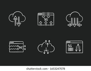 5G technology chalk white icons set on black background. Data transmission. Fast information exchange. Cloud computing. Cellular network. Isolated vector chalkboard illustrations