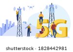 5g technology and communication concept with people and 5G towers.