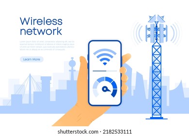 5g technology and communication concept. 5G towers network technology. Speed test. Vector illustration.