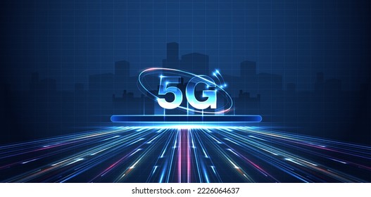 5G technology with computer and mobine network connection line between building. Connectivity and global networks systems and internet of things concept. vector design.