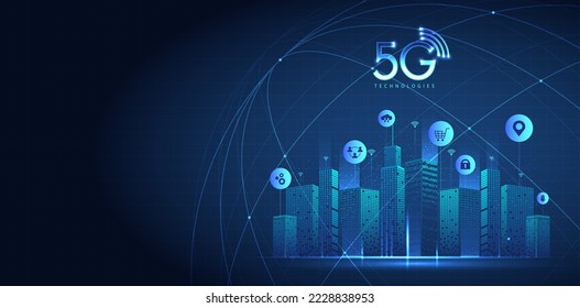 5G technology with computer network connection line between building. Connectivity and global networks systems and internet of things concept. vector design.