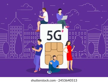 5g technology concept. Can use for web banner, infographics. networks people concep. men and women using high speed wireless connection 5G. Vector illustration in flat style