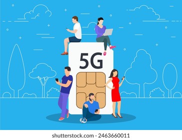 5g technology concept. Can use for web banner, infographics. networks people concep. men and women using high speed wireless connection 5G. Vector illustration in flat style