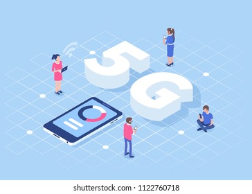 5g technology concept with characters. Can use for web banner, infographics, hero images.  Flat isometric vector illustration isolated on white background.