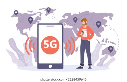Concepto de tecnología 5G. Hombre con smartphone en segundo plano, conexión inalámbrica y de Internet. Tecnologías modernas y mundo digital. Afiche o cartel para el sitio web. Dibujo vectorial plano de dibujos animados