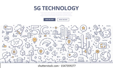 5G technology concept. Next-generation of telecom networks. High speed mobile internet creates new opportunities in data transmission. Doodle illustration for web banners, hero images, printed media