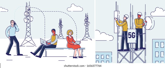 5G Technology Concept. People Use High Speed Internet for Communication and Gadgets. Workers on Repeater Tower Are Setting Up High-Speed Internet. Cartoon Linear Outline Flat Vector Illustration