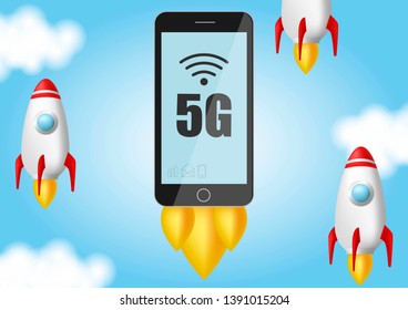 5G technology concept - Smart phone is flying in the sky like a rocket