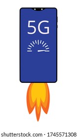 5G technology concept - smartphone flies with jet acceleration. Flat vector illustration isolated on white background.