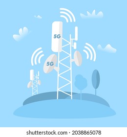 5g Technology Concept, Transmitter Tower Set Up High-speed Mobile Internet, New Generation Networks for Communication and Gadgets.