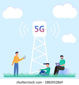 5g Ilustración de vectores de concepto de tecnología. Carácter de las personas bajo las torres de transmisión usando Internet celular de alta velocidad, los habitantes de la ciudad están usando redes de nueva generación para comunicaciones 