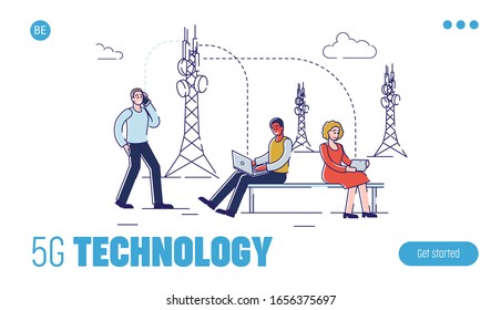 5G Technology Concept. Website Landing Page. People Are Using High Speed Wireless Modern Internet Technology for Communication and Gadgets. Cartoon Linear Outline Flat Vector Illustration