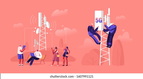5g Technology Concept. Workers on Transmitter Tower Set Up High-speed Mobile Internet, City Dwellers Using New Generation Networks for Communication and Gadgets. Cartoon Flat Vector Illustration