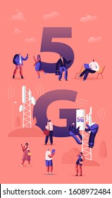 5g Technology Concept. Workers on Transmitter Tower Set Up High-speed Mobile Internet, New Generation Networks for Online Communication Poster Banner Flyer Brochure. Cartoon Flat Vector Illustration