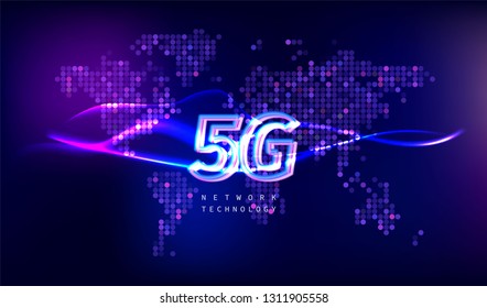 5G Technology concept with world map digital background.