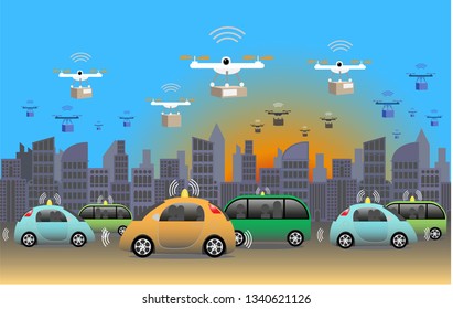 5G technology for connected things. Self driving cars and quad copters for rapid delivery in the modern fossil free society. Vector Illustration.