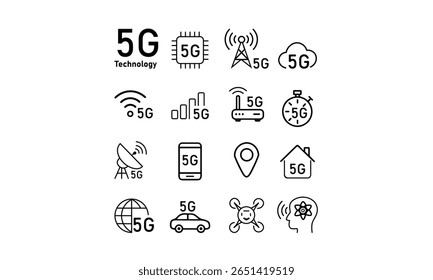 Conjunto de ícones de conectividade e comunicação sem fio da tecnologia 5G 