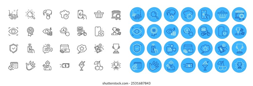 5g technology, Elephant on ball and Shield line icons pack. Loyalty star, Best market, Award cup web icon. Hand, Phone payment, Trophy pictogram. Dumbbell, Fitness calendar, Business vision. Vector