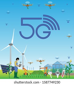 Tecnología 5G que permite una agricultura eficiente y sostenible. Ilustración vectorial