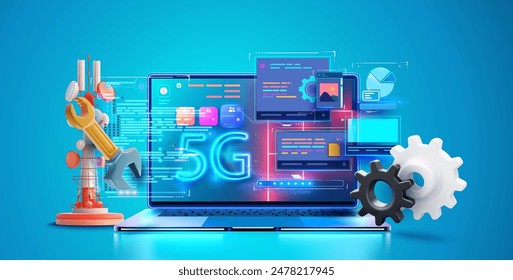 5G technology. Featuring a laptop surrounded by user interface elements and robotic arms, this image embodies the essence of modern connectivity and smart tech environments. Vector illustration