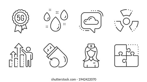 5g Technology, Flash Memory And Rainy Weather Line Icons Set. Employee Results, Cloud Communication And Chemical Hazard Signs. Puzzle, Hospital Nurse Symbols. Quality Line Icons. Vector