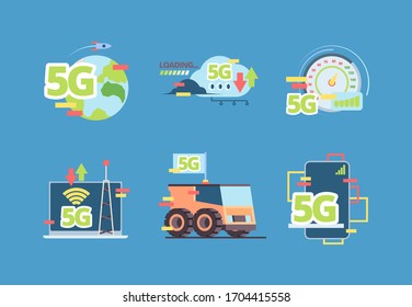 Tecnología 5g. futuro conexión rápida en línea dispositivos móviles de señal de smartphone con imágenes de concepto vectoriales de personas