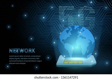 5G technology global earth and sim card geometry cross frame line vector futuristic illustration template background with glowing dot. Concept of wireless high speed internet connection.