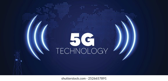 Símbolo brillante de la tecnología 5G en el cartel del Vector del mapa punteado del mundo