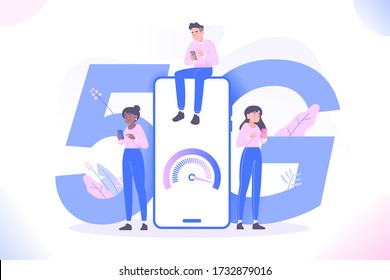 tecnología 5G o concepto de conexión a Internet de alta velocidad. Gente parada cerca de un enorme smartphone, letras 5G sobre el fondo, gente usando gadgets. Tecnología inalámbrica, ilustración vectorial