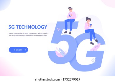 5G technology or high speed internet connection concept. People sitting on huge 5G letters and using gadgets. Wireless technology, concept for web landing page vector illustration