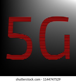 5g technology icon. Vector. Striped red and black icon at gradient blackish background. Zebra.