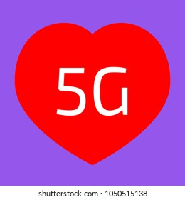 5g technology icon. Vector. White icon in red heart at lavender background.