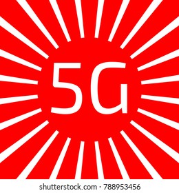 5g technology icon. Vector. White icon on red sun with rays as background. Isolated.