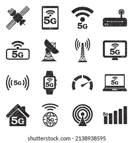 Iconos de tecnología 5G. Diseño de esgrima negra. Ilustración vectorial.